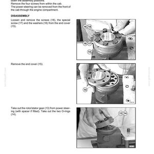 May include: Diagram of a steering system disassembly process. The image shows steps for removing screws, washers, and the end cover. Includes labels for parts like screws (18), special screw (17), and washers (16).