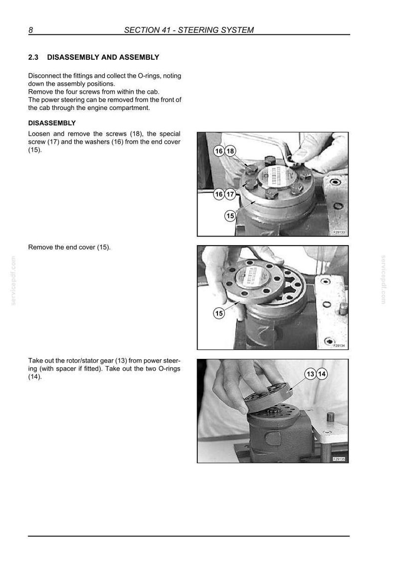 May include: Diagram of a steering system disassembly process. The image shows steps for removing screws, washers, and the end cover. Includes labels for parts like screws (18), special screw (17), and washers (16).