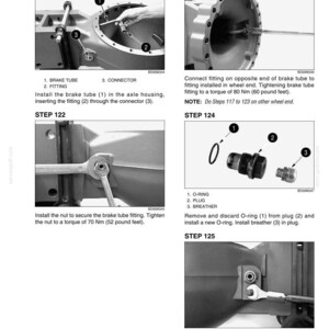 May include: Technical diagram with instructions for vehicle maintenance. Steps include installing brake tubes, fittings, and connectors. The diagram also shows how to tighten nuts and plugs to specific torque values, measured in pound feet.