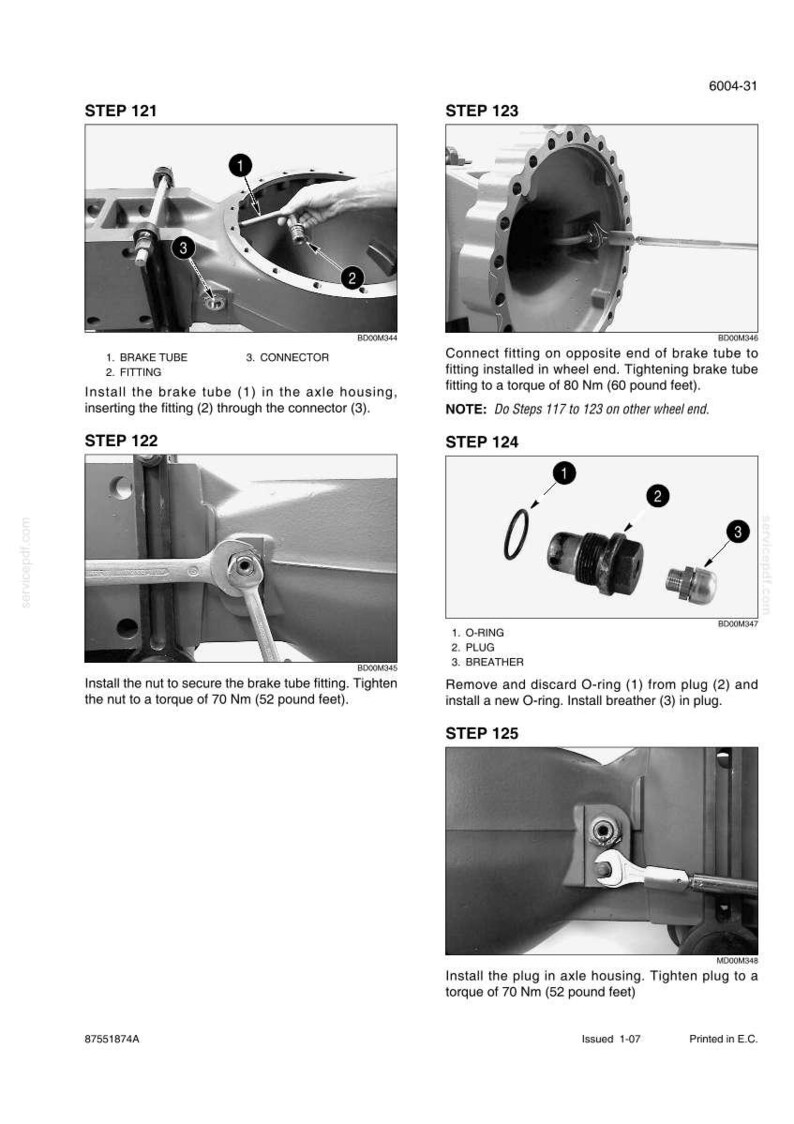 May include: Technical diagram with instructions for vehicle maintenance. Steps include installing brake tubes, fittings, and connectors. The diagram also shows how to tighten nuts and plugs to specific torque values, measured in pound feet.