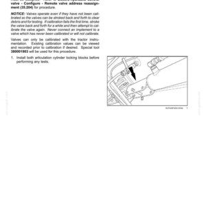 May include: Document detailing the calibration of electro-hydraulic control valves, including instructions and a diagram of the valve assembly. The text includes steps for calibration and safety notices.
