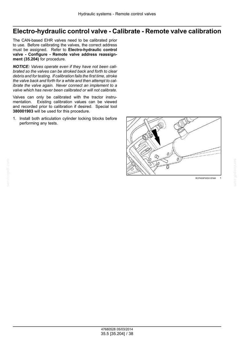 May include: Document detailing the calibration of electro-hydraulic control valves, including instructions and a diagram of the valve assembly. The text includes steps for calibration and safety notices.