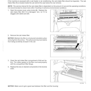 May include: A technical manual page titled 7-MAINTENANCE detailing the procedure for replacing a cab intake filter. The document includes three black and white line drawings illustrating the filter location, removal, and cleaning steps with numbered labels.