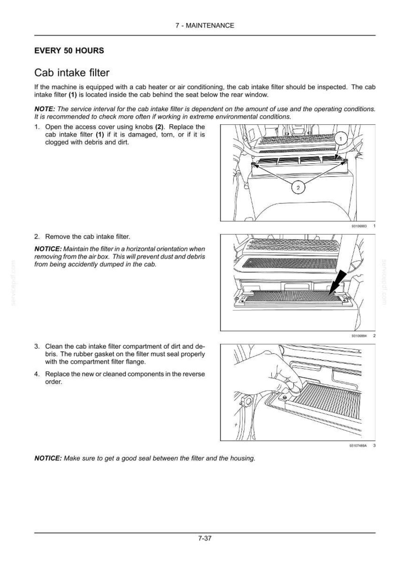 May include: A technical manual page titled 7-MAINTENANCE detailing the procedure for replacing a cab intake filter. The document includes three black and white line drawings illustrating the filter location, removal, and cleaning steps with numbered labels.