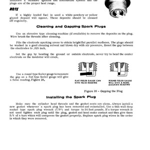 May include: A manual page on spark plug maintenance, covering normal conditions, cleaning, gapping, and installation. Text explains procedures, with diagrams and a photo of a spark plug. Measurements are in inches and foot pounds.