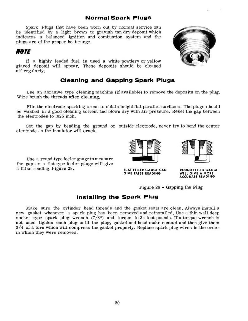 May include: A manual page on spark plug maintenance, covering normal conditions, cleaning, gapping, and installation. Text explains procedures, with diagrams and a photo of a spark plug. Measurements are in inches and foot pounds.