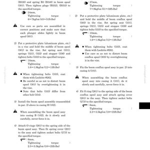May include: A technical document page titled Assembling boom spool and Assembling boom conflux spool. It contains numbered instructions, torque specifications in kgf-m and ft-lbs, and warnings for mechanical assembly using specific part numbers.