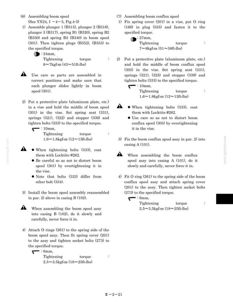 May include: A technical document page titled Assembling boom spool and Assembling boom conflux spool. It contains numbered instructions, torque specifications in kgf-m and ft-lbs, and warnings for mechanical assembly using specific part numbers.