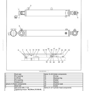Puede incluir: Un diagrama t&eacute;cnico de un cilindro hidr&aacute;ulico de pluma que muestra vistas laterales y superiores con componentes numerados. Una tabla enumera piezas como sellos antipolvo, bujes, puertos de engrase, juntas t&oacute;ricas y anillos.