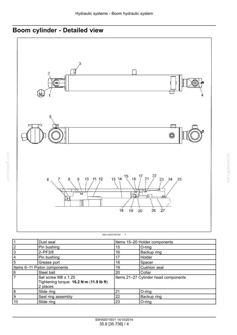 Puede incluir: Un diagrama t&eacute;cnico de un cilindro hidr&aacute;ulico de pluma que muestra vistas laterales y superiores con componentes numerados. Una tabla enumera piezas como sellos antipolvo, bujes, puertos de engrase, juntas t&oacute;ricas y anillos.