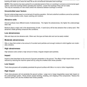 May include: A document titled "6 - WORKING OPERATIONS" with text about track shoe applications, wear factors, and soil abrasiveness. It details recommended applications, uncontrolled wear, and impact levels for machinery.