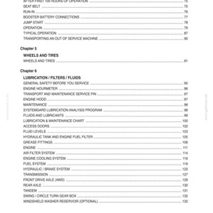 May include: A white and black table of contents page from a manual. The table lists chapters and sections, including "Operating Instructions" and "Wheels and Tires." Page numbers are listed on the right.