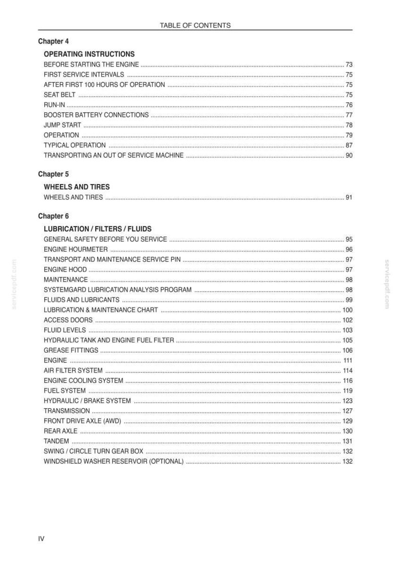 May include: A white and black table of contents page from a manual. The table lists chapters and sections, including "Operating Instructions" and "Wheels and Tires." Page numbers are listed on the right.