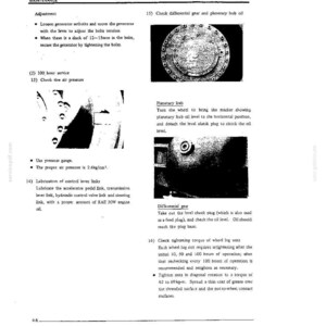 May include: A technical maintenance manual page featuring instructions for machinery adjustment, including tire pressure checks at 2.6kg/cm&sup2;, differential gear and planetary hub oil level inspections, and wheel lug nut torque specifications of 62 to 69kg-m.