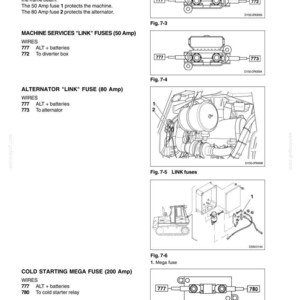 May include: Diagram from a manual showing electrical system components, including fuses and wiring. The image includes diagrams of fuse links, mega fuses, and their connections, with labels like "777" and "780".