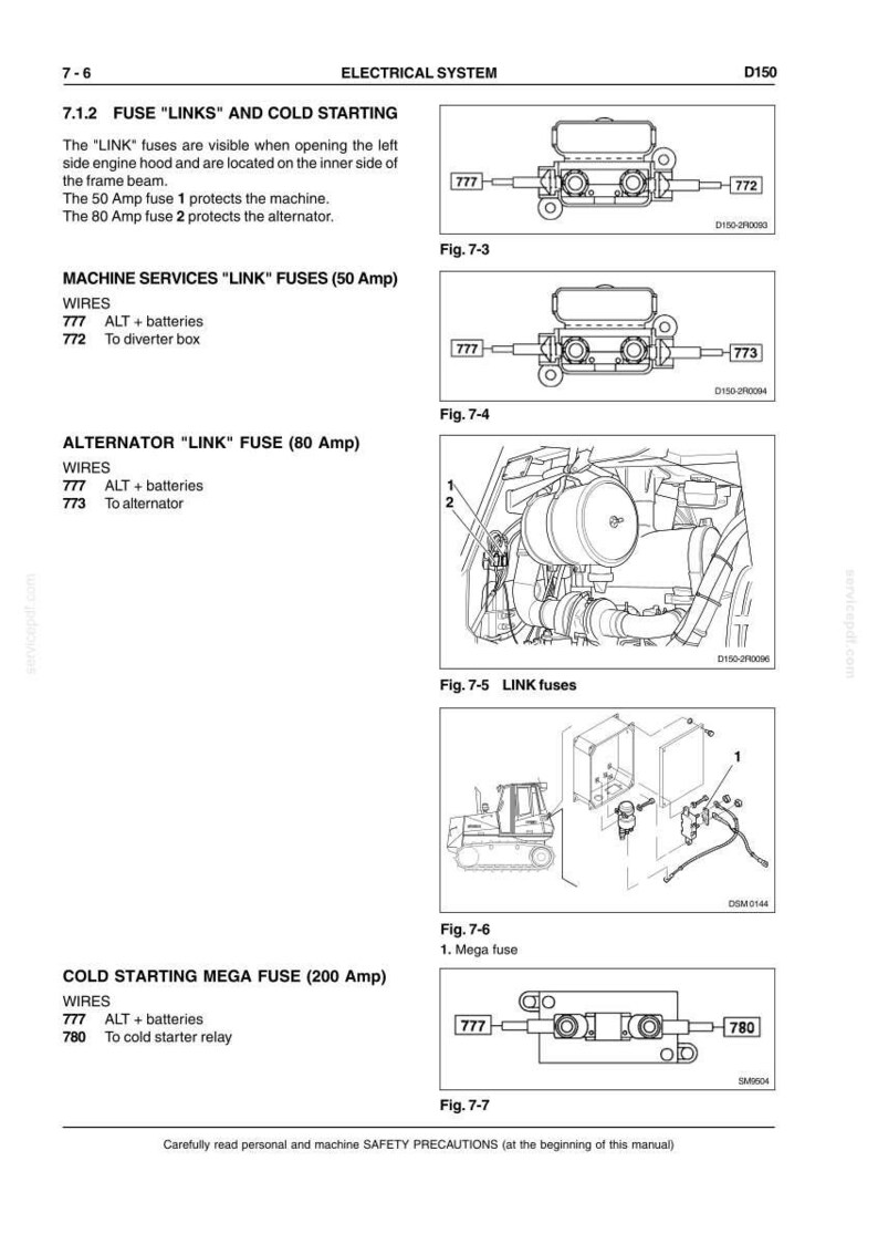 May include: Diagram from a manual showing electrical system components, including fuses and wiring. The image includes diagrams of fuse links, mega fuses, and their connections, with labels like "777" and "780".