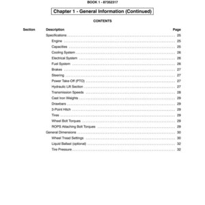 May include: A page from a manual with the title "SECTION 00 - GENERAL INFORMATION" and "Chapter 1 - General Information (Continued)". The contents include a list of topics such as "Engine", "Brakes", and "Tires".