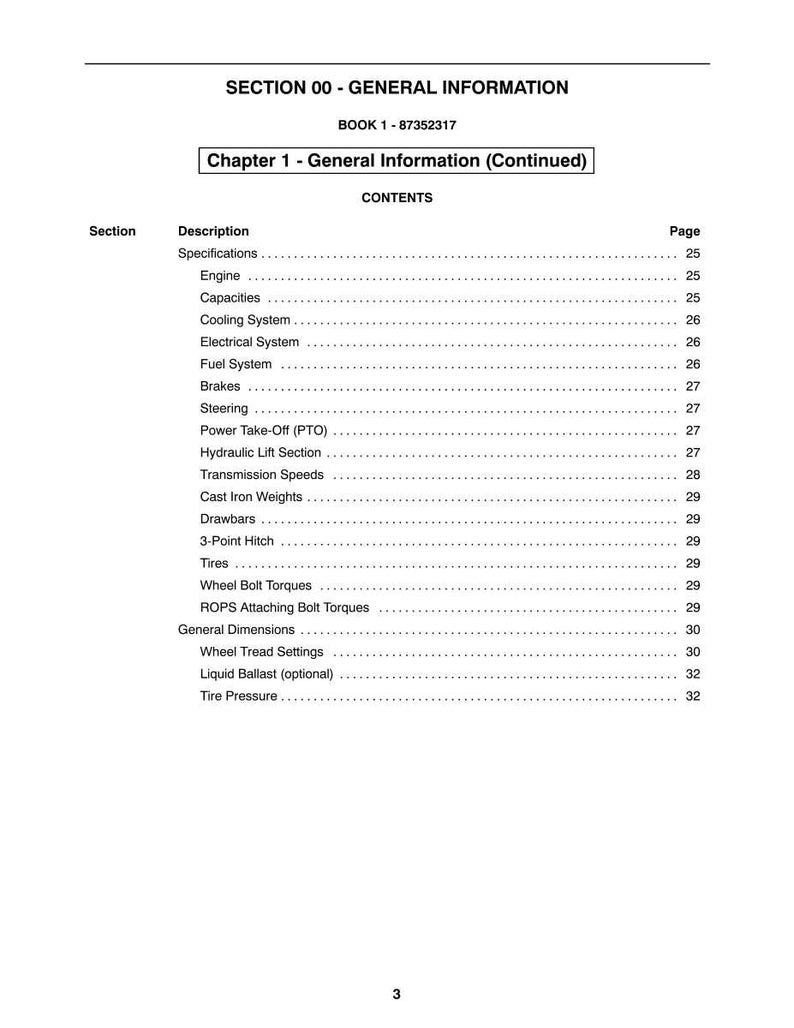 May include: A page from a manual with the title "SECTION 00 - GENERAL INFORMATION" and "Chapter 1 - General Information (Continued)". The contents include a list of topics such as "Engine", "Brakes", and "Tires".