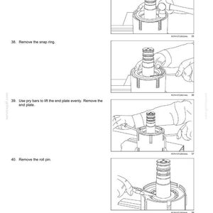 May include: Diagram of power shuttle transmission internal components. Step-by-step instructions with illustrations show how to remove the end plate, snap ring, and roll pin. Text includes instructions for each step.