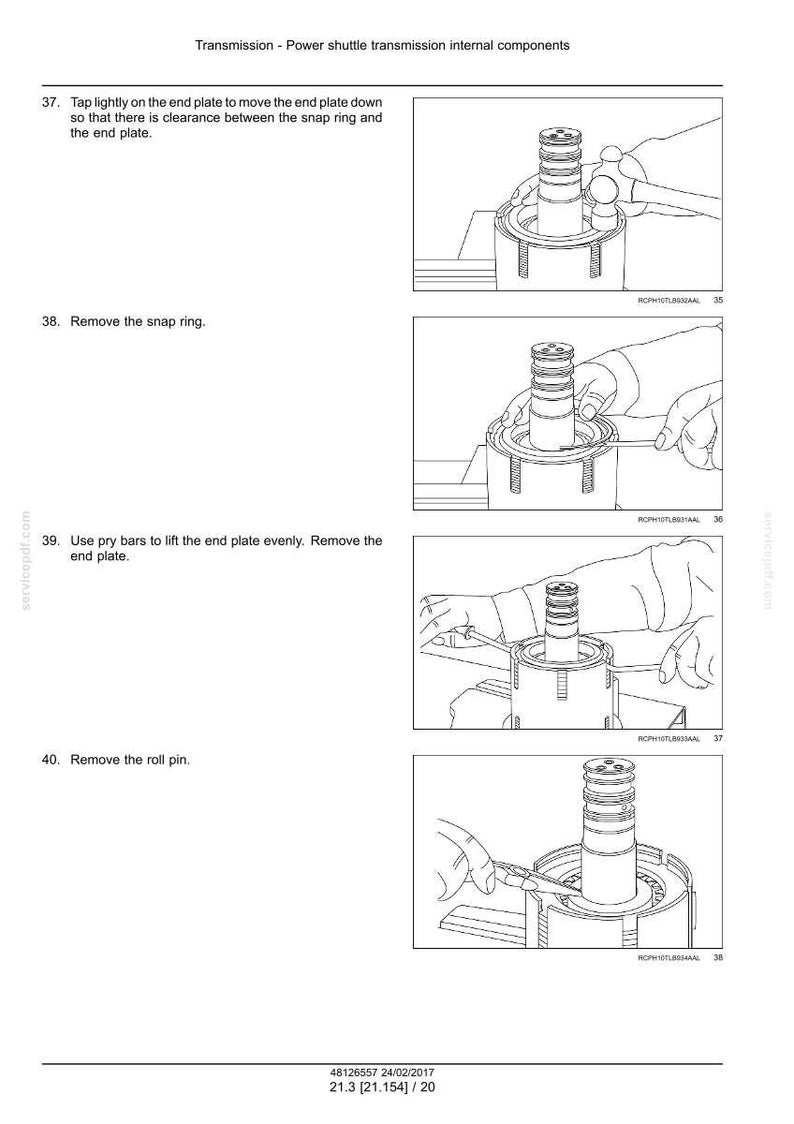 May include: Diagram of power shuttle transmission internal components. Step-by-step instructions with illustrations show how to remove the end plate, snap ring, and roll pin. Text includes instructions for each step.