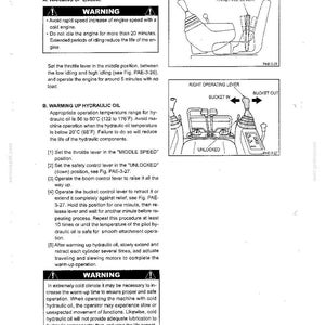 May include: A technical manual page titled Basic Machine Operation, featuring diagrams of a throttle lever and a right operating lever. The text provides instructions for warming up the engine and hydraulic oil, including warnings and specific operating steps.