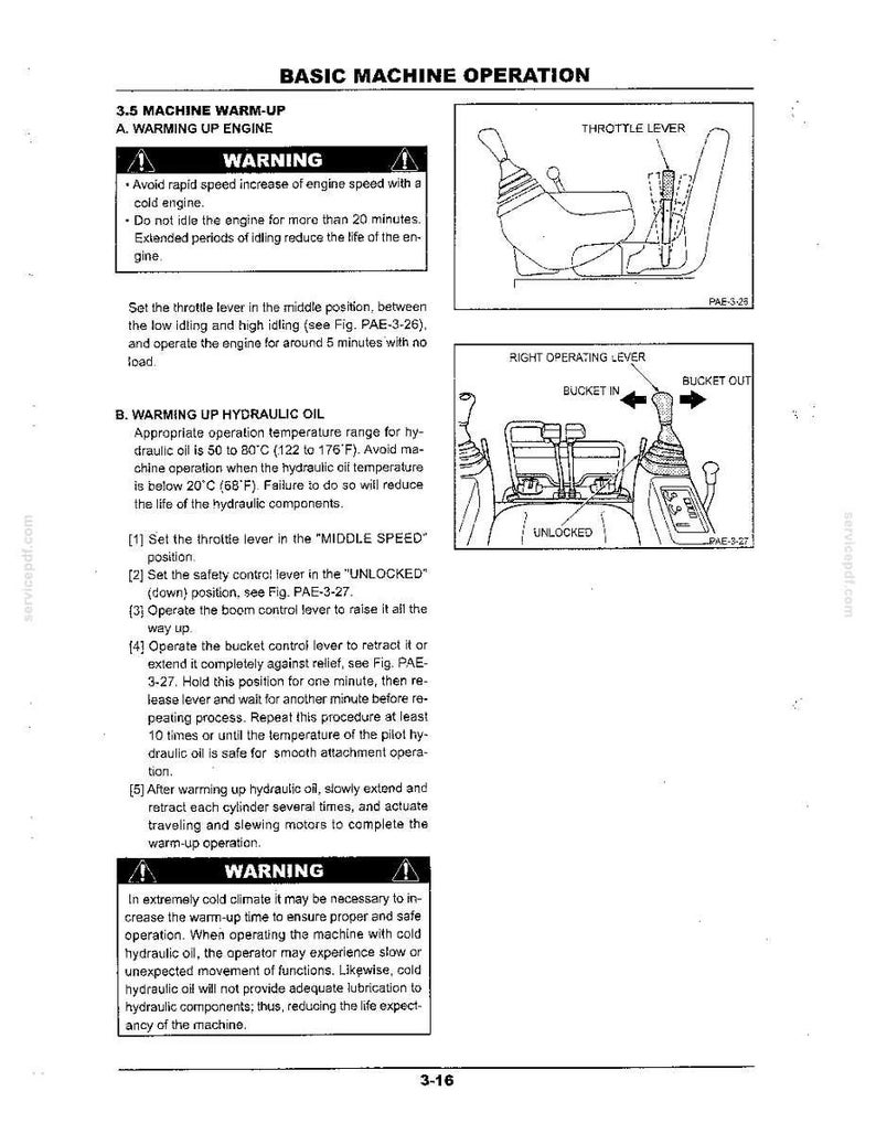 May include: A technical manual page titled Basic Machine Operation, featuring diagrams of a throttle lever and a right operating lever. The text provides instructions for warming up the engine and hydraulic oil, including warnings and specific operating steps.
