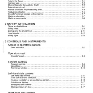 May include: A page from a manual titled "Contents" with sections on general and safety information, controls, and instruments. The table of contents includes topics like operator's manual, safety rules, and forward controls.