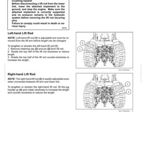 Op de afbeelding: Een pagina uit een technisch handboek getiteld 6-WORKING OPERATIONS, met instructies voor het afstellen van hefstangen van een tractor. Het bevat een waarschuwing voor beknellingsgevaar, diagrammen van een tractorachterzijde en bijbehorende tekst.