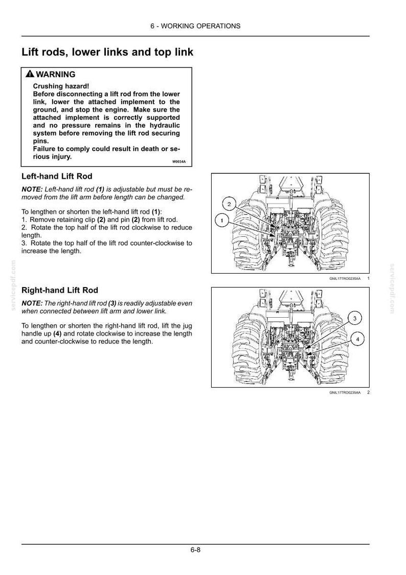 Op de afbeelding: Een pagina uit een technisch handboek getiteld 6-WORKING OPERATIONS, met instructies voor het afstellen van hefstangen van een tractor. Het bevat een waarschuwing voor beknellingsgevaar, diagrammen van een tractorachterzijde en bijbehorende tekst.
