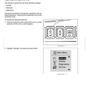 May include: A page of operating instructions titled Machine settings, detailing how to adjust steering sensitivity. It includes text, a diagram of three switches with a pointer labelled 1, and a graphic of a Main Menu screen with Settings selected.