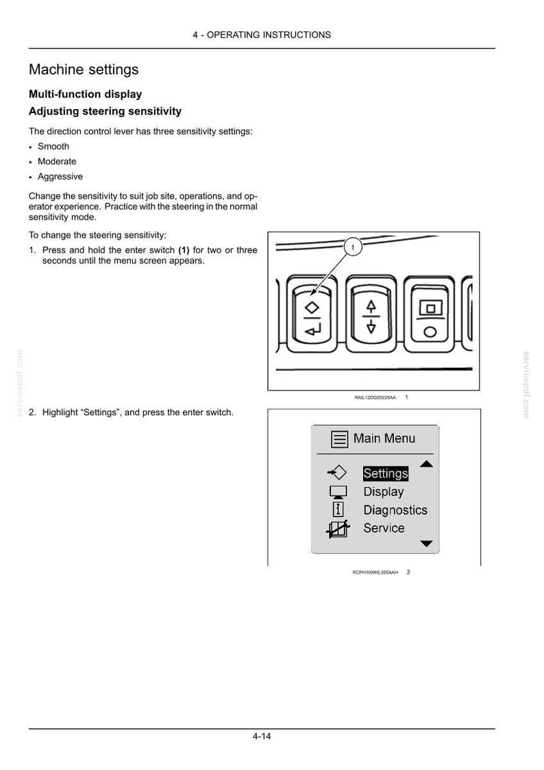 May include: A page of operating instructions titled Machine settings, detailing how to adjust steering sensitivity. It includes text, a diagram of three switches with a pointer labelled 1, and a graphic of a Main Menu screen with Settings selected.
