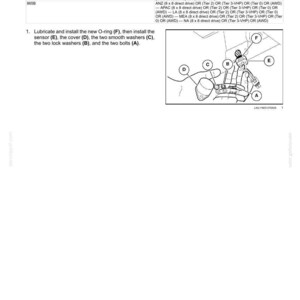 May include: Diagram of an output speed sensor Powershift installation. The image includes labeled parts: A, B, C, D, E, and F. Text instructions are provided for the installation process, including lubricating and installing the O-ring.