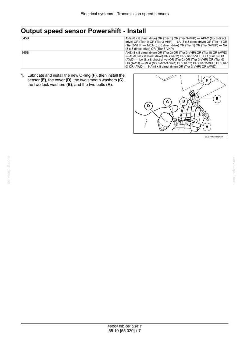 May include: Diagram of an output speed sensor Powershift installation. The image includes labeled parts: A, B, C, D, E, and F. Text instructions are provided for the installation process, including lubricating and installing the O-ring.