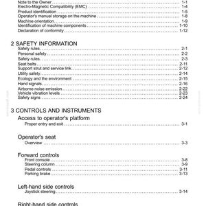 May include: A white document titled "Contents" with a detailed table of contents. Sections include General Information, Safety Information, and Controls and Instruments. The document is for a machine.