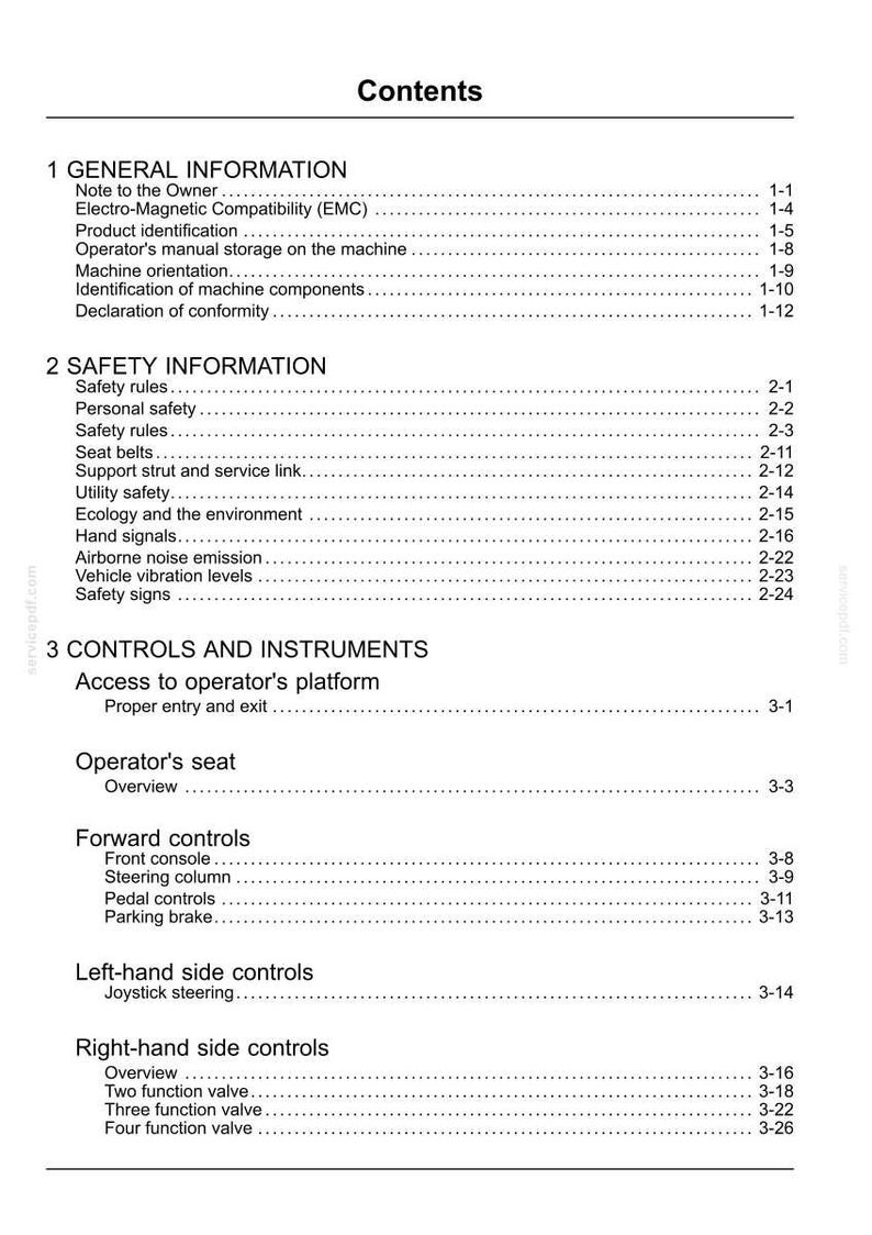 May include: A white document titled "Contents" with a detailed table of contents. Sections include General Information, Safety Information, and Controls and Instruments. The document is for a machine.