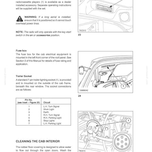 May include: A technical manual page titled SECTION 2 containing diagrams and instructions for a radio cassette player, fuse box, and a 7-pin trailer socket. The document includes numbered callouts, a circuit pin table, and cleaning advice.