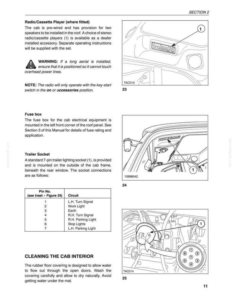 May include: A technical manual page titled SECTION 2 containing diagrams and instructions for a radio cassette player, fuse box, and a 7-pin trailer socket. The document includes numbered callouts, a circuit pin table, and cleaning advice.