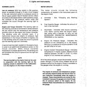 May include: A page from an electrical system manual detailing lights and instruments. Text includes descriptions of warning lights, meter circuits, and engine components, with notes on operation and maintenance.