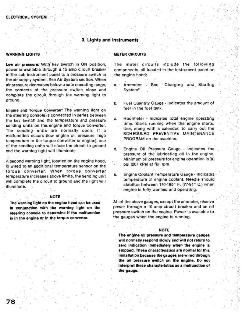May include: A page from an electrical system manual detailing lights and instruments. Text includes descriptions of warning lights, meter circuits, and engine components, with notes on operation and maintenance.