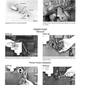 May include: Diagram of fuel system assembly and installation steps. Includes images of a solenoid, O-ring, spring, and plunger. Instructions for removing and installing the primer pump are also shown. Text includes "Assembly and Installation" and "Primer Pump Removal".