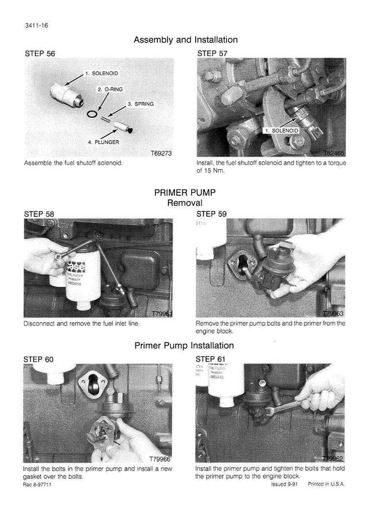 May include: Diagram of fuel system assembly and installation steps. Includes images of a solenoid, O-ring, spring, and plunger. Instructions for removing and installing the primer pump are also shown. Text includes "Assembly and Installation" and "Primer Pump Removal".
