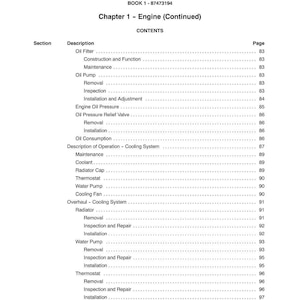 May include: A manual page titled "SECTION 10 - ENGINE" with a table of contents for engine components. The text reads "Chapter 1 - Engine (Continued)", listing items such as oil filter, oil pump, and thermostat.