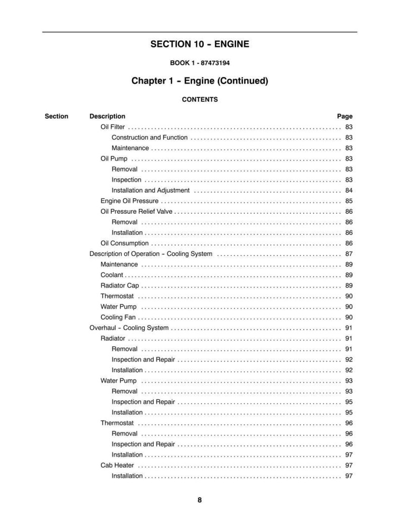 May include: A manual page titled "SECTION 10 - ENGINE" with a table of contents for engine components. The text reads "Chapter 1 - Engine (Continued)", listing items such as oil filter, oil pump, and thermostat.