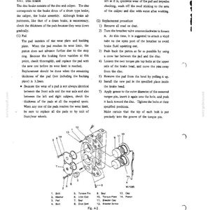 K&ouml;nnte beinhalten: Eine technische Handbuchseite mit dem Titel Maintenance 4-4 Adjustments f&uuml;r Scheibenbremsen, die eine schwarz-wei&szlig;e Explosionszeichnung der Bremskomponenten von 1 bis 14 sowie detaillierte Textanweisungen f&uuml;r den Austausch der Bel&auml;ge enth&auml;lt.