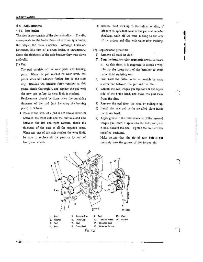 K&ouml;nnte beinhalten: Eine technische Handbuchseite mit dem Titel Maintenance 4-4 Adjustments f&uuml;r Scheibenbremsen, die eine schwarz-wei&szlig;e Explosionszeichnung der Bremskomponenten von 1 bis 14 sowie detaillierte Textanweisungen f&uuml;r den Austausch der Bel&auml;ge enth&auml;lt.