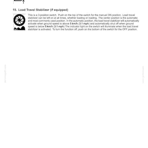 Puede incluir: Una p&aacute;gina de manual t&eacute;cnico titulada 3-CONTROLS/INSTRUMENTS con instrucciones para un interruptor de control de altura y un estabilizador de carga. El texto explica el funcionamiento de un interruptor de 3 posiciones a velocidades de 5 km/h.