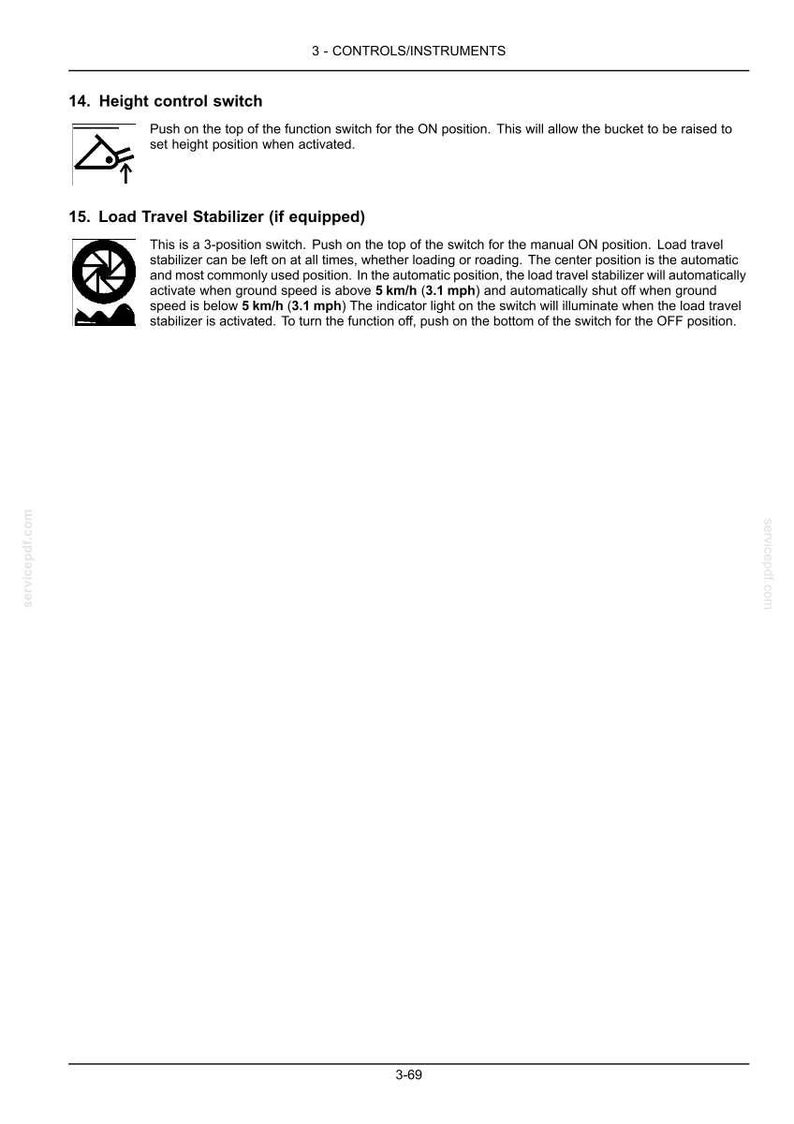 Puede incluir: Una p&aacute;gina de manual t&eacute;cnico titulada 3-CONTROLS/INSTRUMENTS con instrucciones para un interruptor de control de altura y un estabilizador de carga. El texto explica el funcionamiento de un interruptor de 3 posiciones a velocidades de 5 km/h.