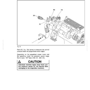 May include: Technical handbook page with a diagram of a machine component. The diagram shows a measuring port (X3) at main pumps, labeled with P1, P2, and P3. Text includes a caution and information about pressure values.