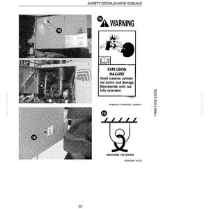 May include: A black and white diagram from a manual, featuring safety warnings and instructions. The image includes a warning symbol, an explosion hazard notice, and a machine tie-down illustration. Text includes "SAFETY/DECALS/HAND SIGNALS" and "EXPLOSION HAZARD".