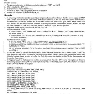 May include: A technical document titled 4011-572 FMGR - 246 Reception of vehicle side CAN bus signal AUX2 in register 6 is faulty up to DBD100000. It outlines causes, remedies, and diagnostic procedures for CAN bus communication malfunctions.